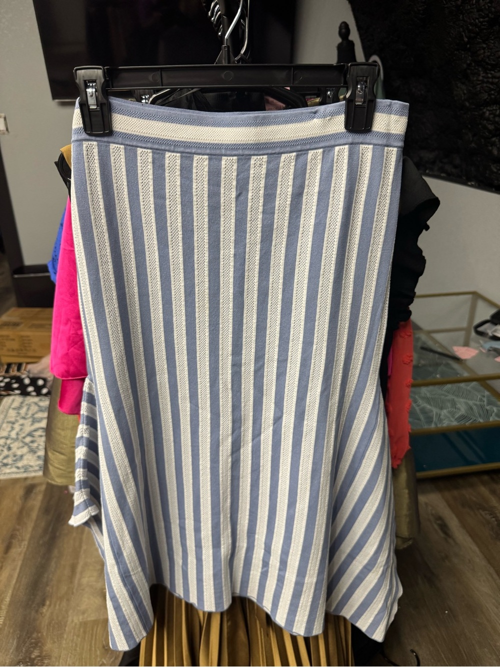 BCBGMaxAzria Blue and White Vertical Stripe A-Line Skirt